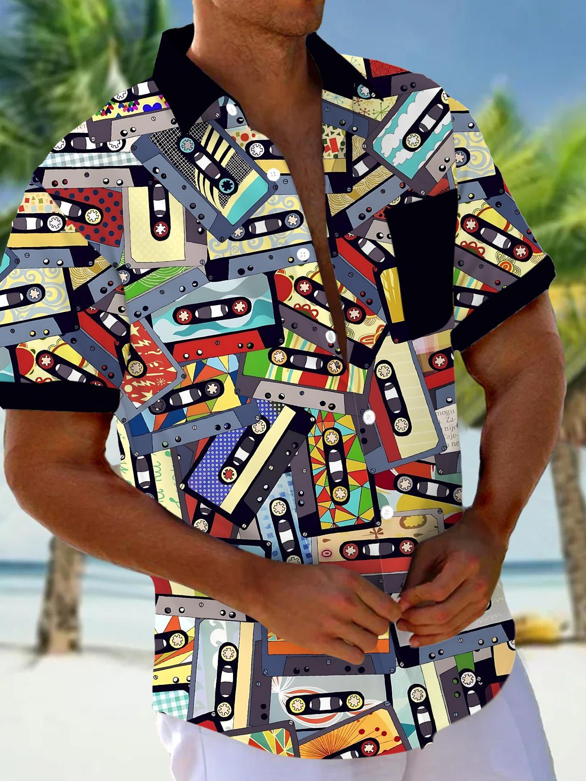 Vintage Tape Print Men's Pocket Short Sleeve Shirts
