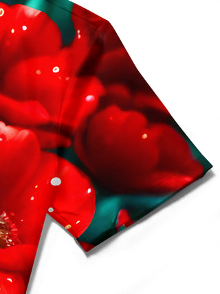 Men's floral short sleeve shirt close-up detail view