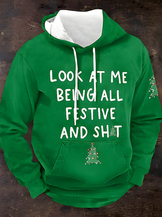 Men's festive long sleeve hoodie front view for Christmas holiday party