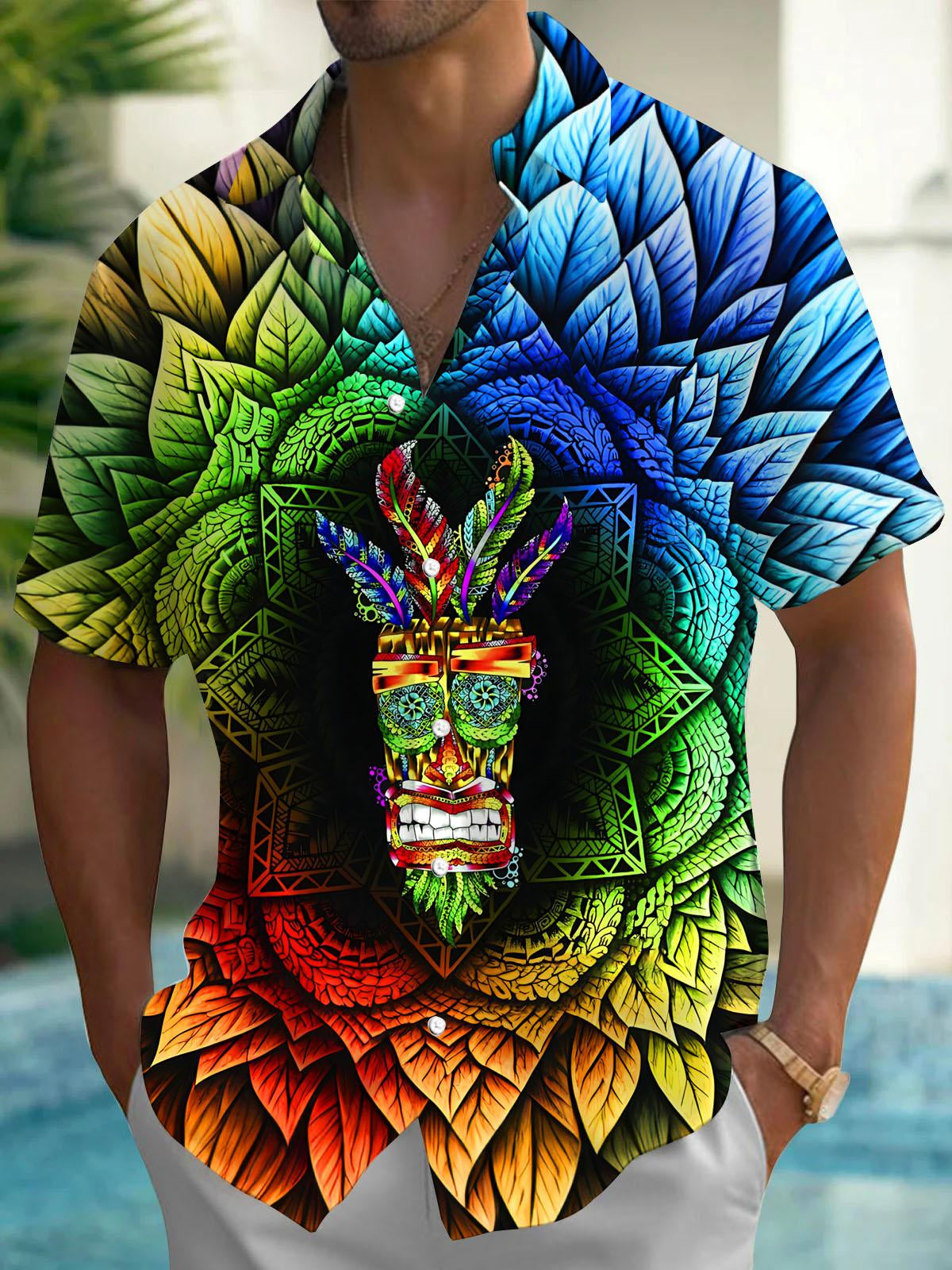 Colorful Tiki Hawaiian Print Men's Pocket Short Sleeve Shirts