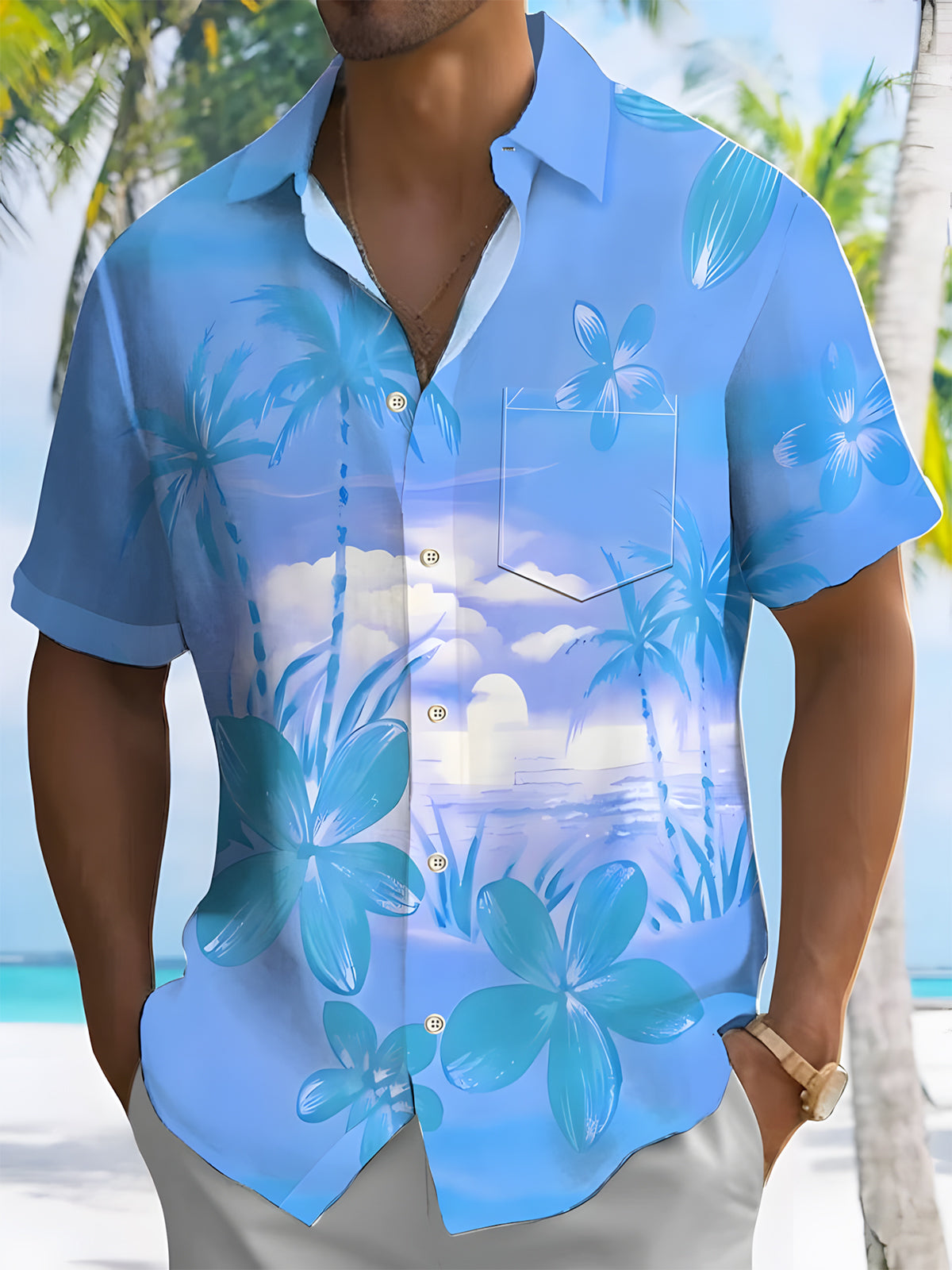 Hawaiian Plant Coconut Tree Gradient Men's Pocket Short Sleeve Shirts