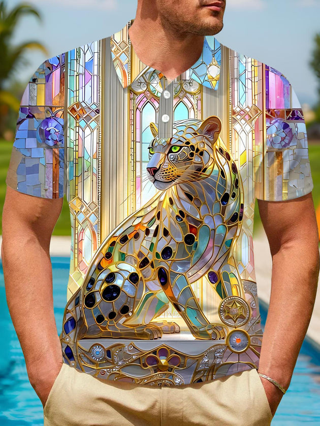 Men's cheetah print short sleeve polo shirt front view