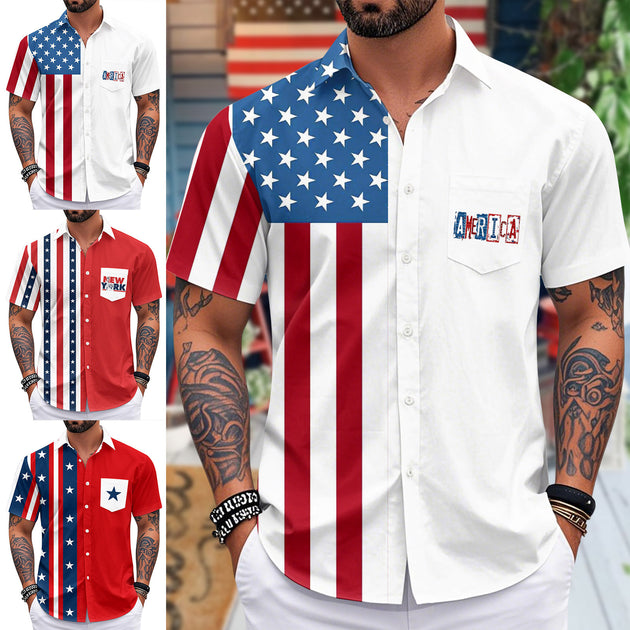 Hawaiian American Flag Shirt Stars and Stripes Patriotic Button Down Shirts Casual Resort Wear for Daily Wear imaginative