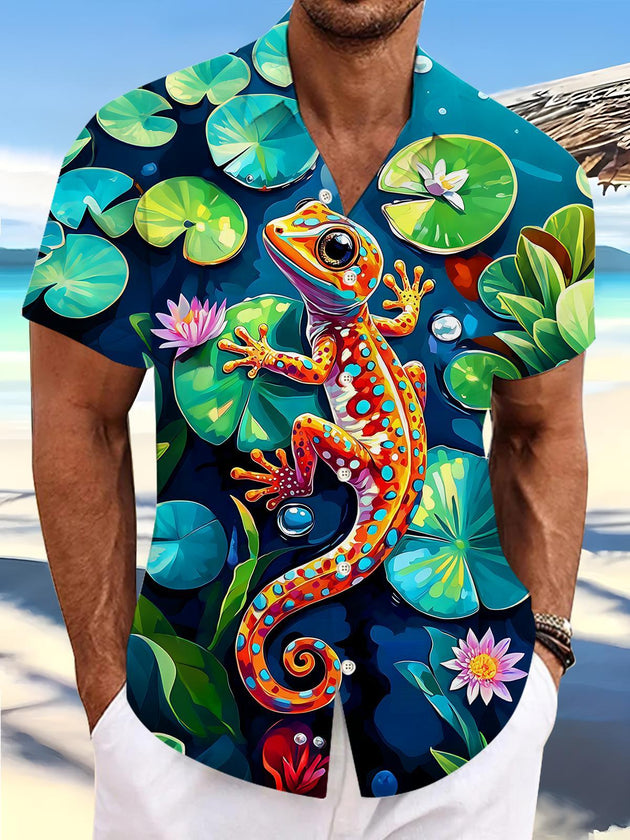 Lotus Pond Colorful Gecko Art Men's Pocket Short Sleeve Shirts