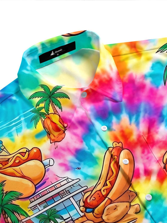 Hawaiian Colorful Tie-Dye Hot Dog Cruise Vacation Men's Pocket Short Sleeve Shirts