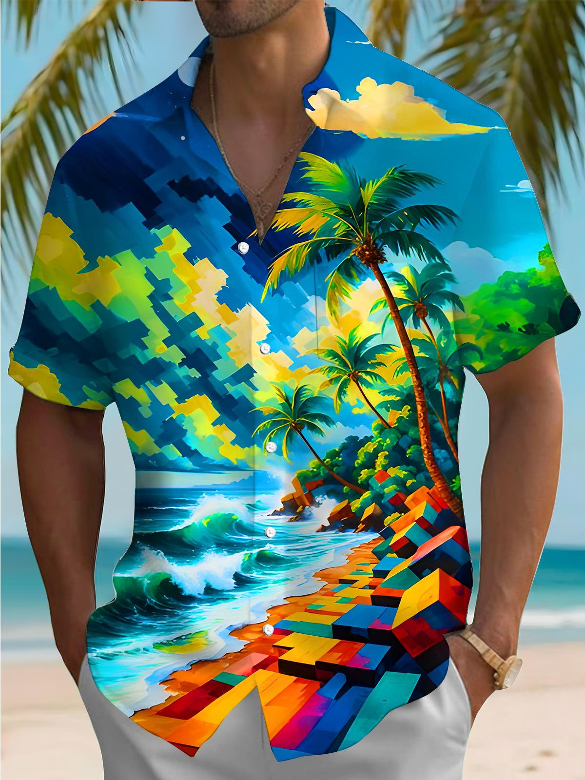 Hawaiian Coconut Palm Beach Geometry Men's Pocket Short Sleeve Shirts