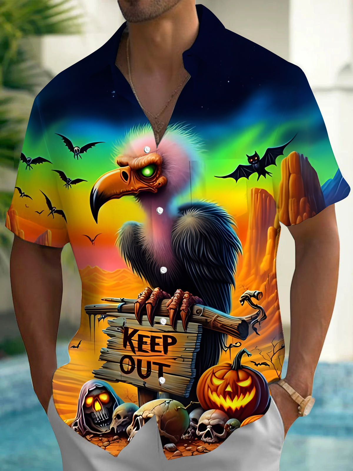 Halloween Vulture Print Men's Pocket Short Sleeve Shirts
