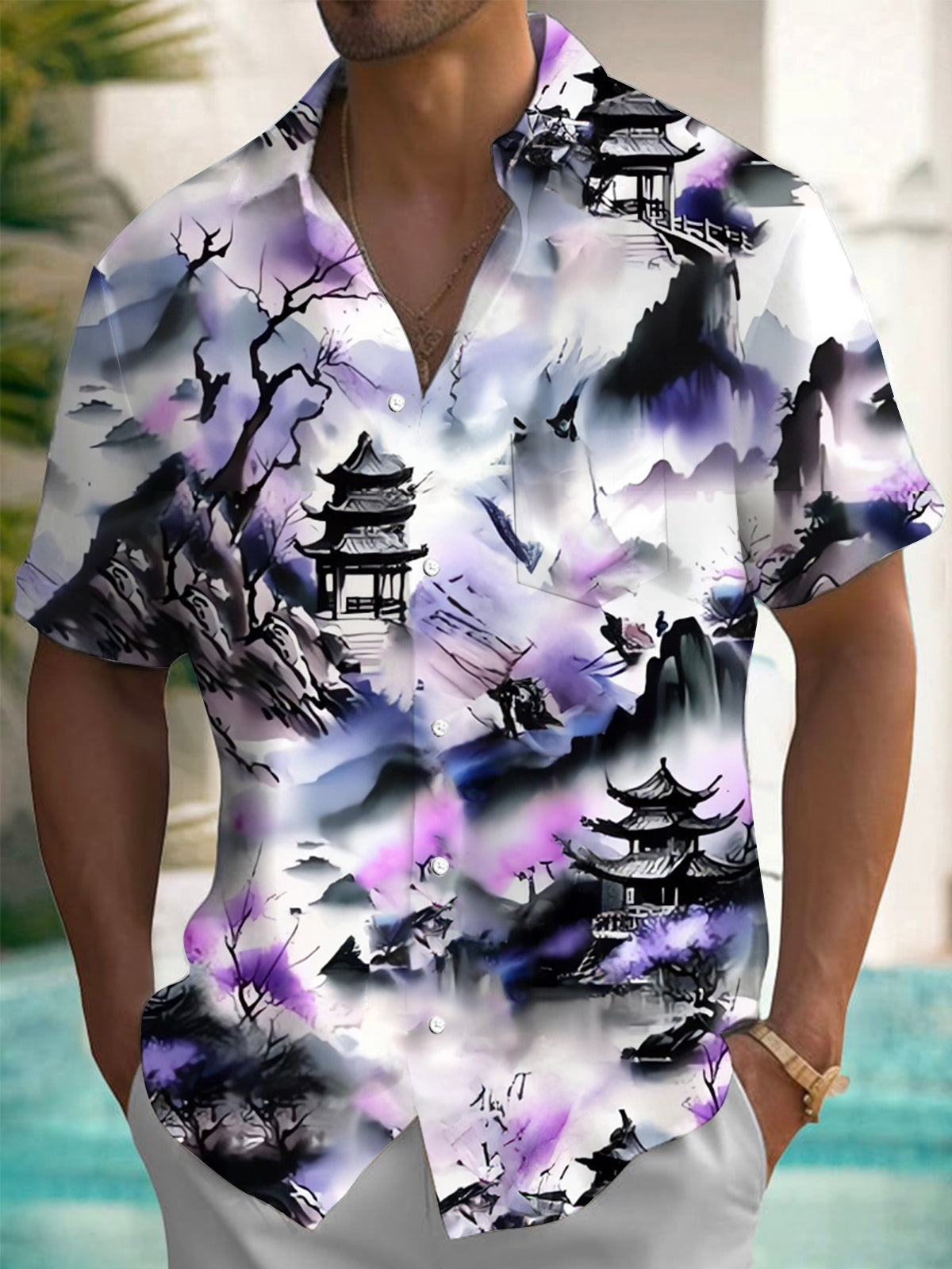 Ink Landscape Men's Pocket Short Sleeve Shirts