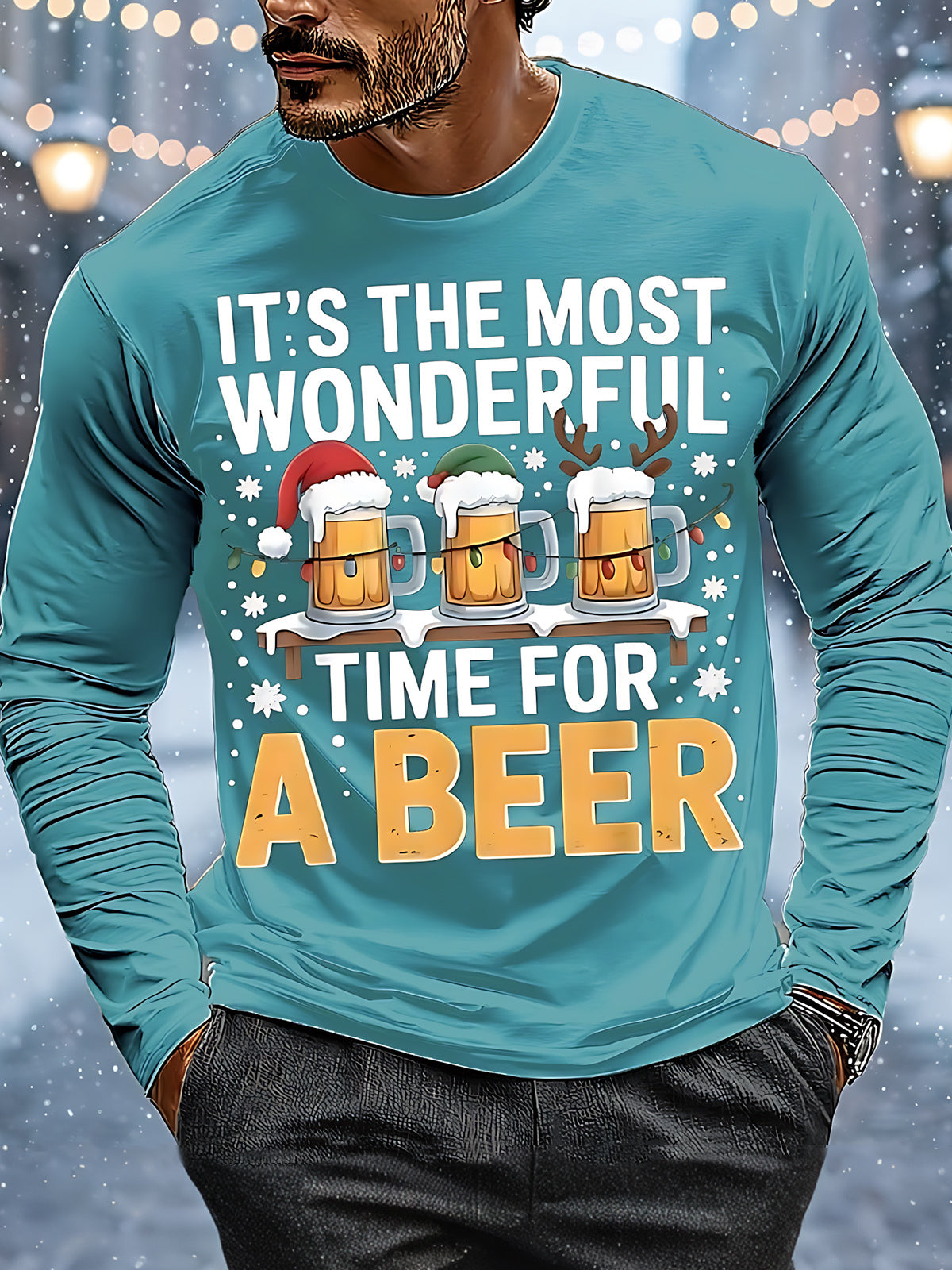 Christmas Beer Print Men's Long Sleeve Round Neck T-Shirt