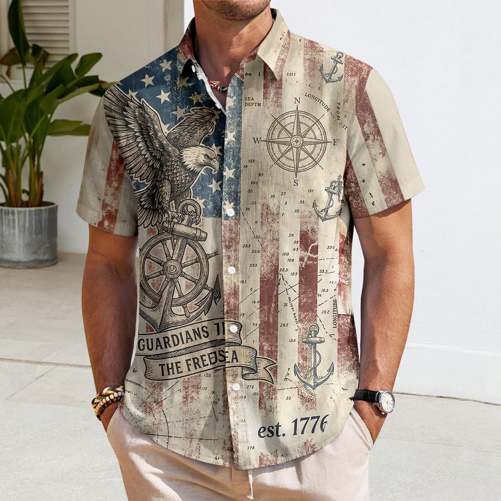 Men's American flag Hawaiian shirt lifestyle shot at a summer pool party, short sleeve tropical vacation top for