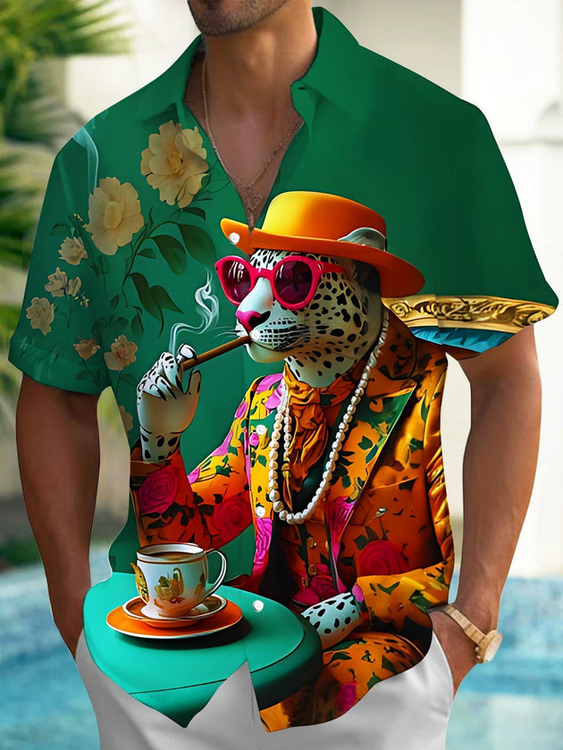 Stylish Leopard Gentleman Men's Pocket Short Sleeve Shirts