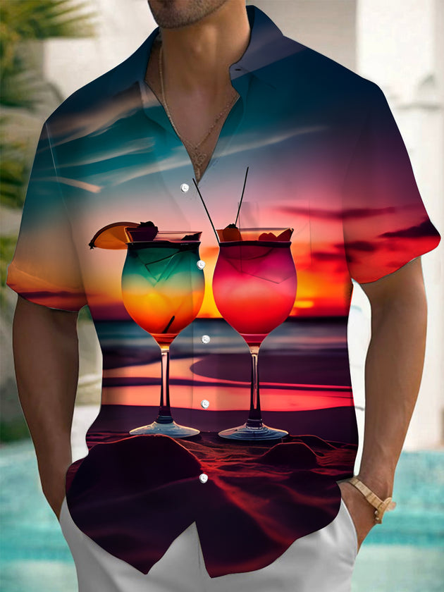 Men's blue beach cocktail print short sleeve shirt front view for beach vacation