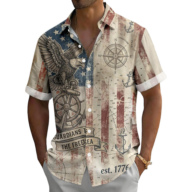 Men's American flag Hawaiian shirt lifestyle shot at Independence Day barbecue, short sleeve tropical summer vacation