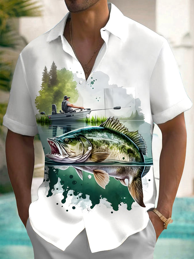 Men's blue fish print short sleeve shirt front view