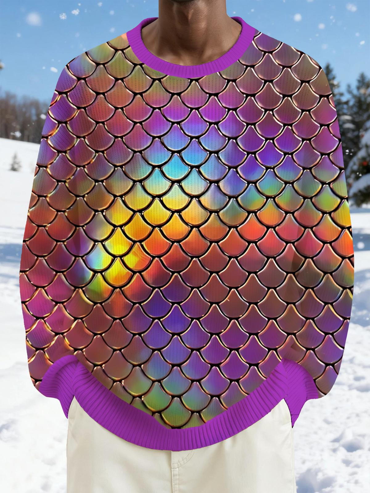 Rainbow Fish Scale Print Men's Long Sleeve Round Neck Tops