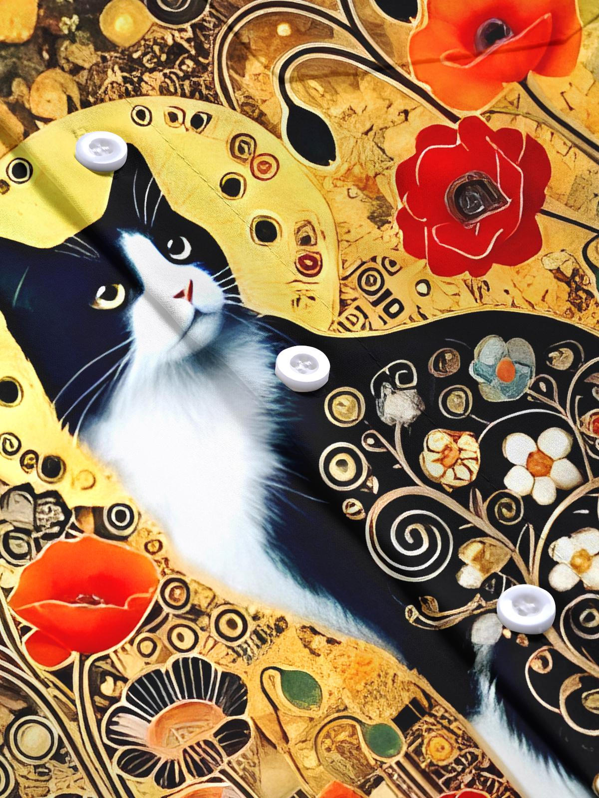 Cat Floral Men's Pocket Short Sleeve Shirts