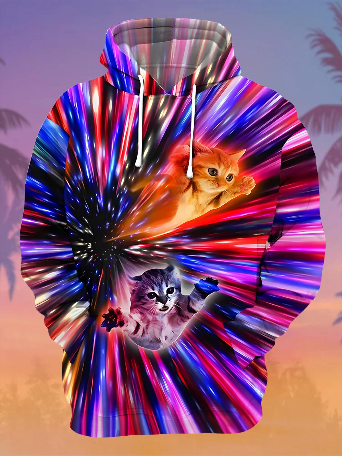 Cat Men's Long Sleeve Printing Pocket Hooded Sweatshirt