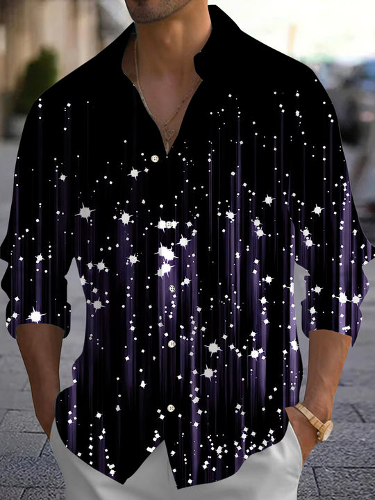 Men's shiny print long sleeve shirt front view for Christmas holiday party