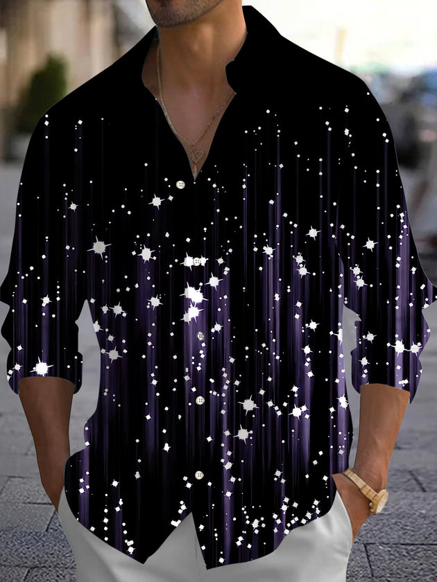 Men's shiny print long sleeve shirt front view for Christmas holiday party