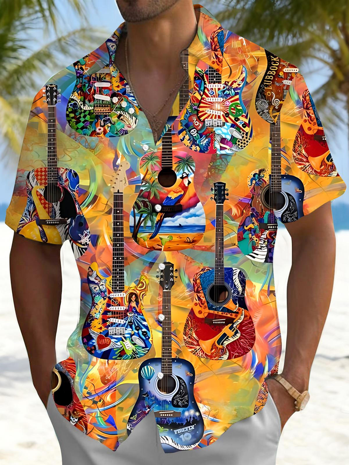 Hawaiian Guitar Print Men's Pocket Short Sleeve Shirts