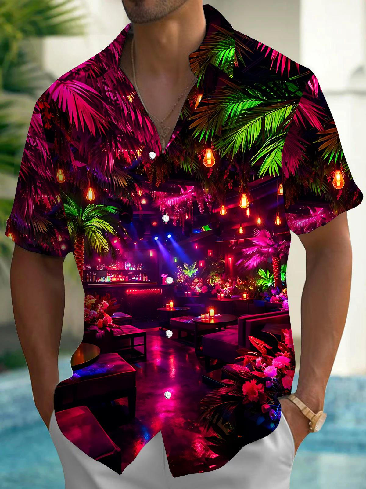 Tropical Theme Bar Print Men's Pocket Short Sleeve Shirts