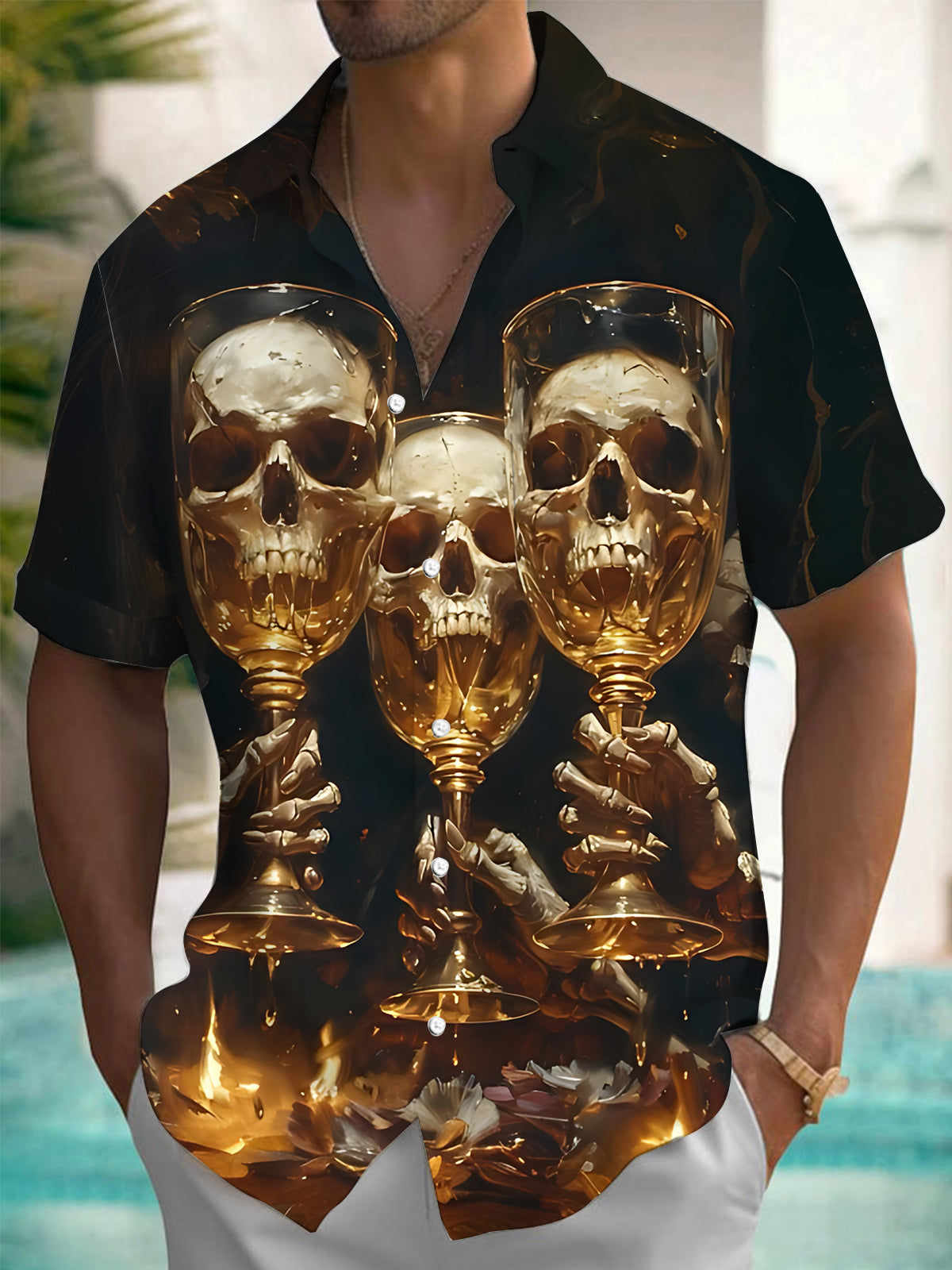 Skull Wine Glass Print Men's Pocket Short Sleeve Shirts