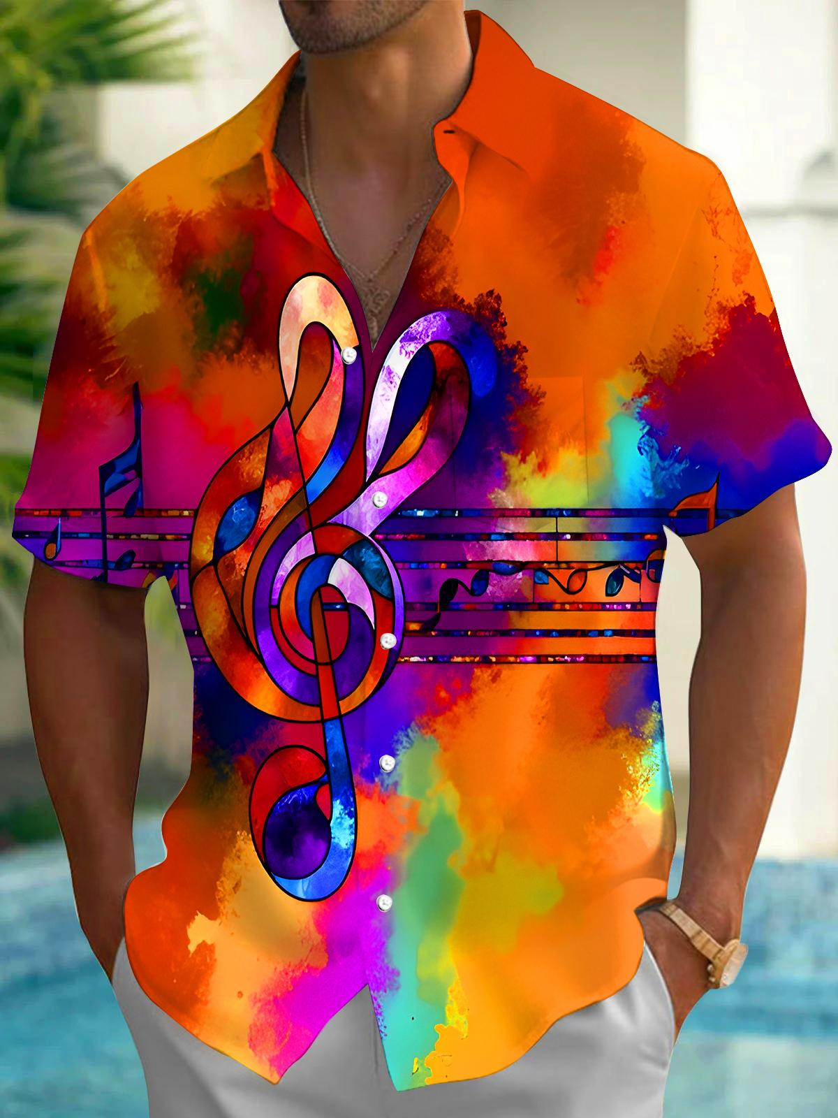 Tie Dye Colorful Music Notes Men's Pocket Short Sleeve Shirts