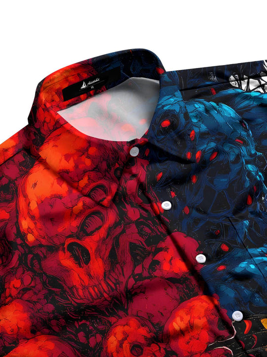 Men's short sleeve shirt flat lay showing butterfly skull print pattern