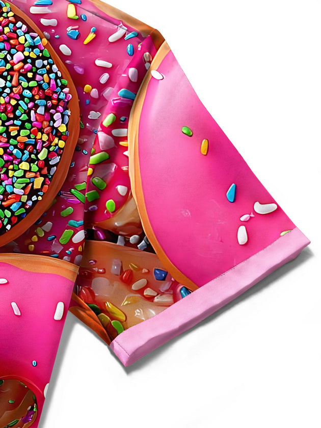 Men's donut print short sleeve shirt close-up detail view
