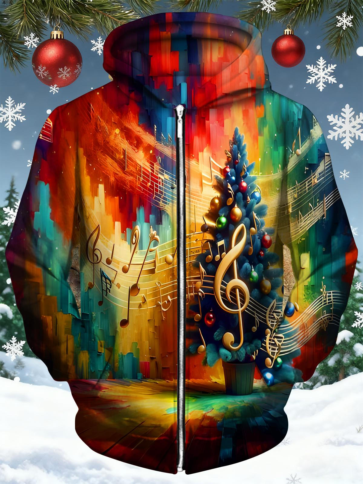 Colorful Tie Dye Music Note Christmas Tree Xmas Men's Pocket Long Sleeve Zip Up Hoodies