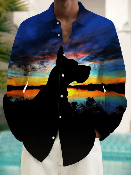Men's Animal Dog Print Pocket Long Sleeve Shirt Front View