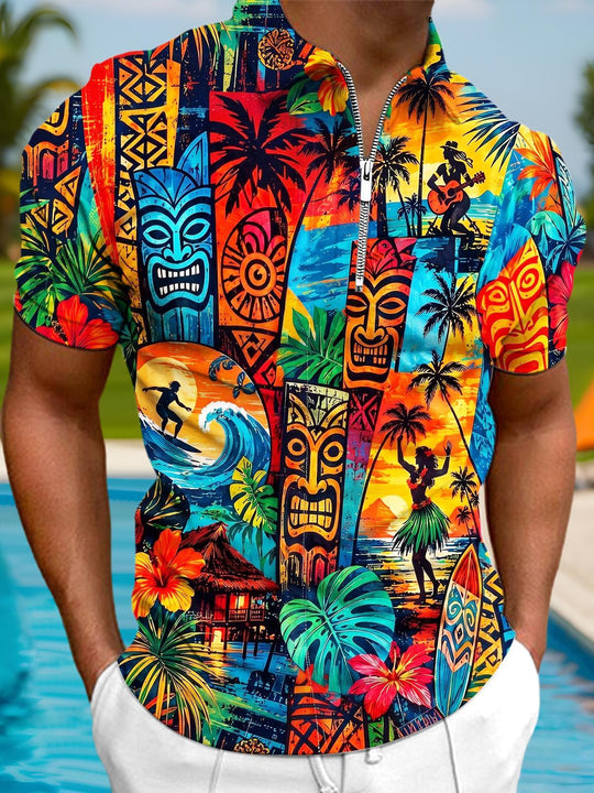 Fun Hawaiian Vintage Collage Tiki Surf Vacation Men's Short Sleeve Zipper Polo