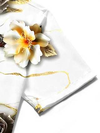 Men's floral short sleeve shirt close-up detail view