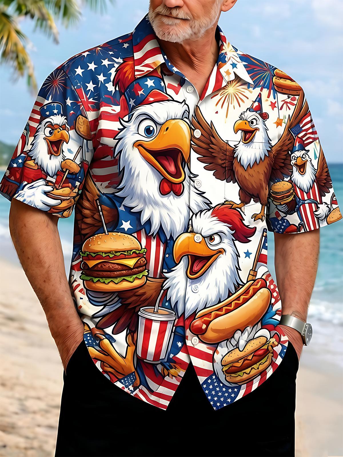 Fun Independence Day Cartoon Eagle With Hot Dogs & Burgers Men's Pocket Short Sleeve Shirts
