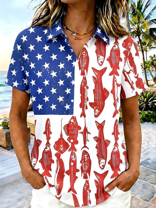 women's fish print shirt front view Independence Day