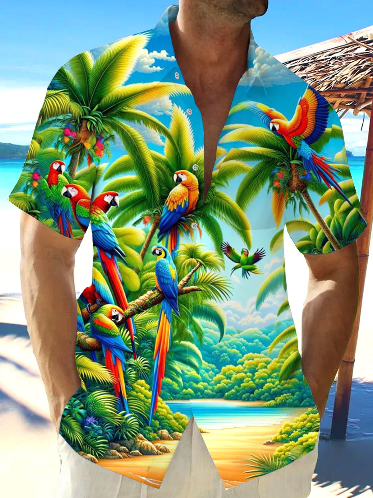 Hawaiian Plants and Parrots Print Men's Pocket Short Sleeve Shirts