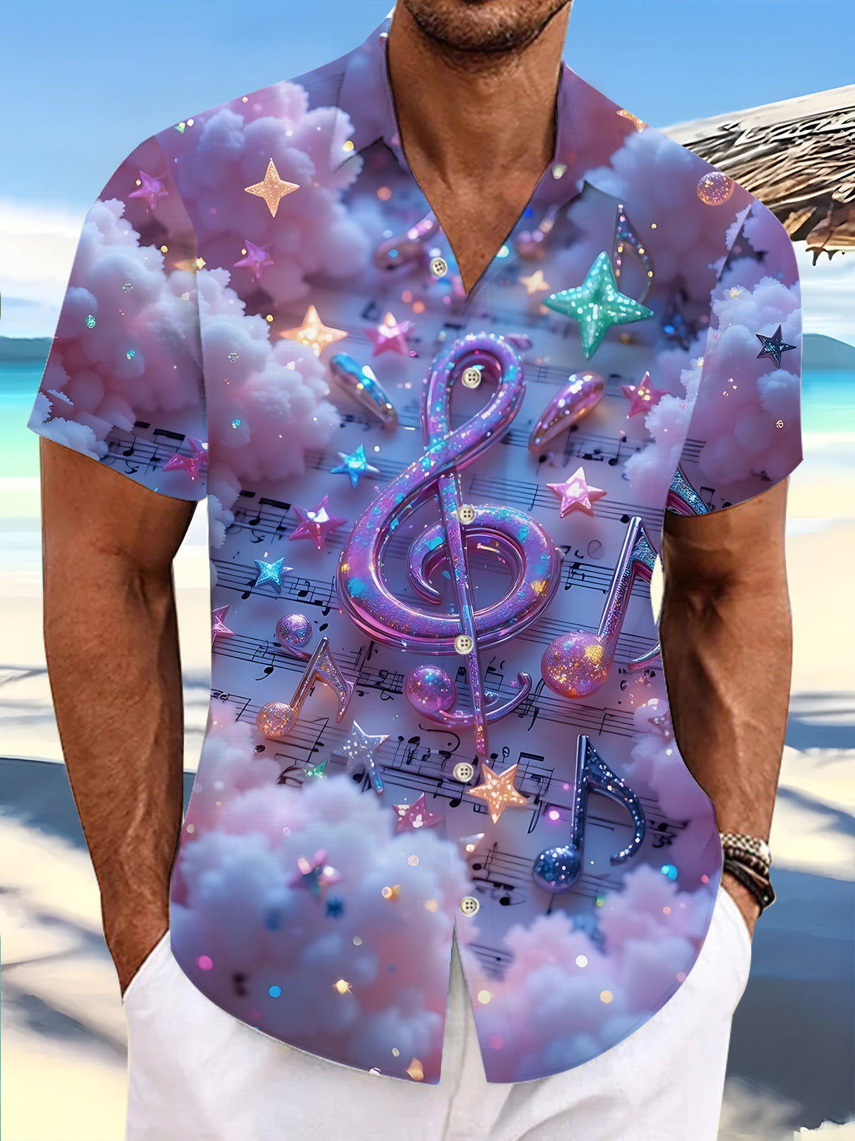 Note Print Men's Pocket Short Sleeve Shirts