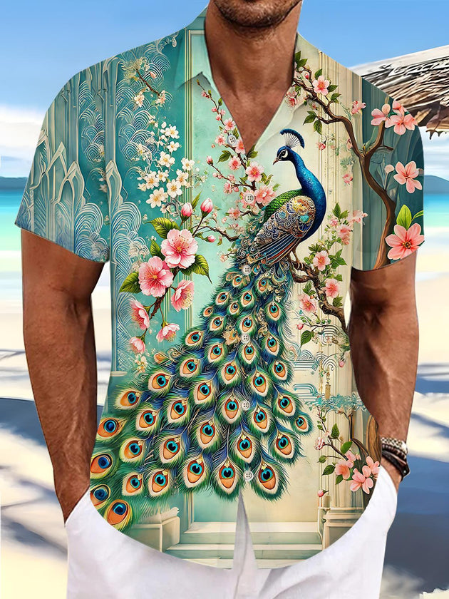 Art Peacock Cherry Blossom Floral Men's Pocket Short Sleeve Shirts