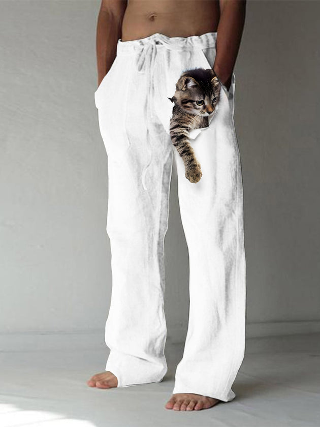 Men's casual cat print pants front view