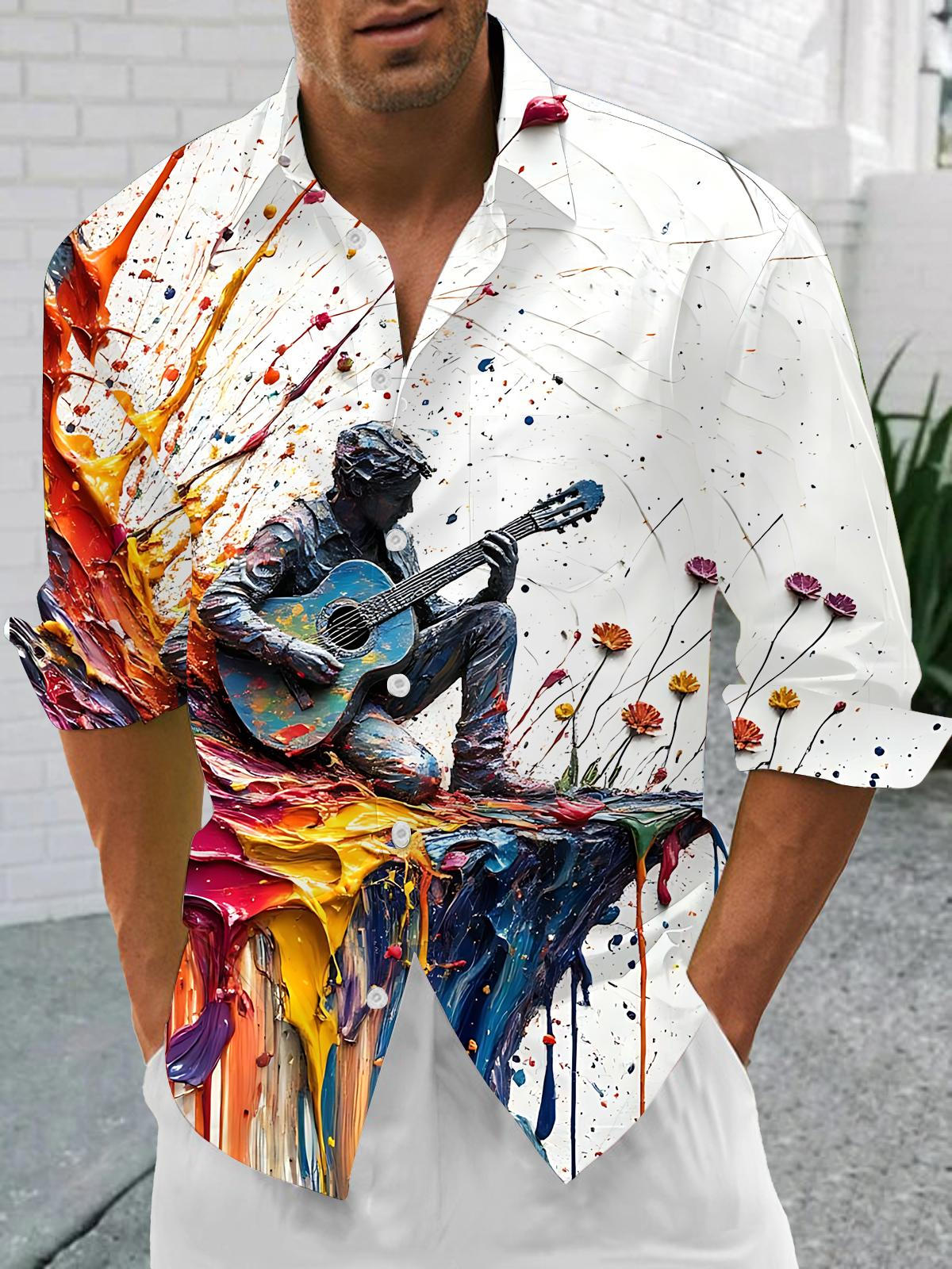 Oil Painting Art Print Men's Pocket Long Sleeve Shirts