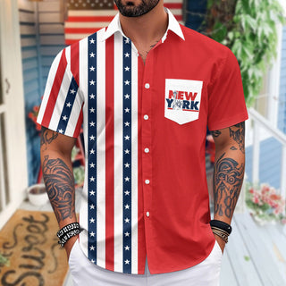 Men's short sleeve Hawaiian American flag print shirt worn at a family picnic for Independence Day