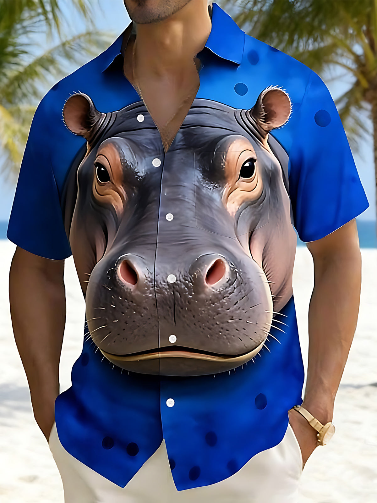 Hippo Print Men's Pocket Short Sleeve Shirts