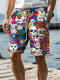 Skull Floral Print Men's Shorts With Pocket