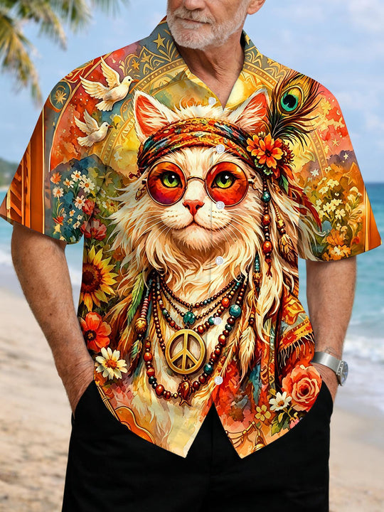 Boho Peace Hippie Cat Men's Pocket Short Sleeve Shirts