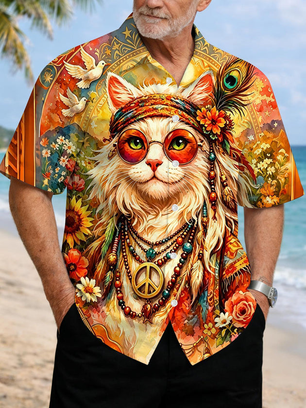 Boho Peace Hippie Cat Men's Pocket Short Sleeve Shirts