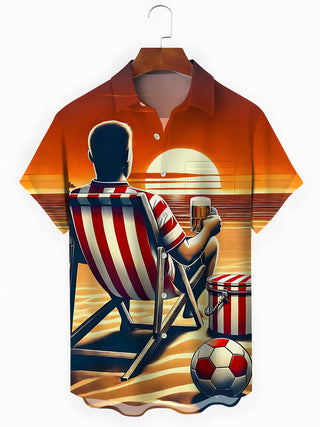 Men's blue beach sunset print short sleeve shirt front view for beach vacation