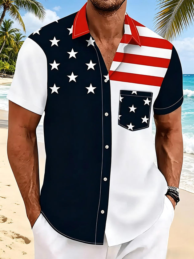 American Stars And Stripes Splicing Independence Day Men's Pocket Short Sleeve Shirts