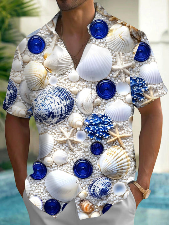 Men's fish print Hawaiian short sleeve shirt front view for tropical beach vacation