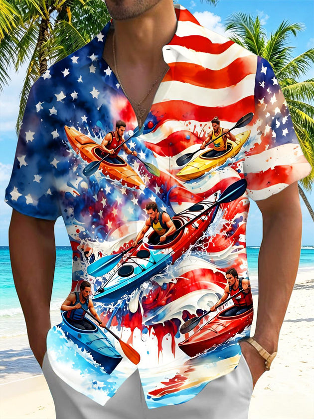 American Flag Kayak Sports Competition Independence Day Men's Pocket Short Sleeve Shirts