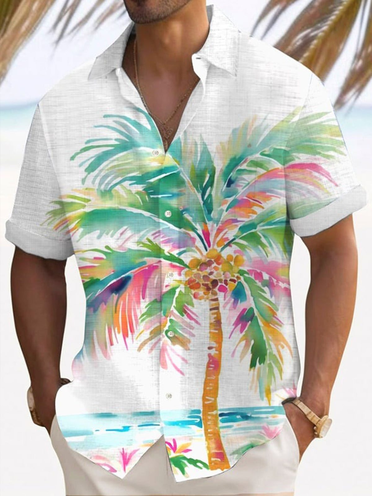 Hawaiian Coconut Tree Print Short Sleeve Men's Shirts With Pocket